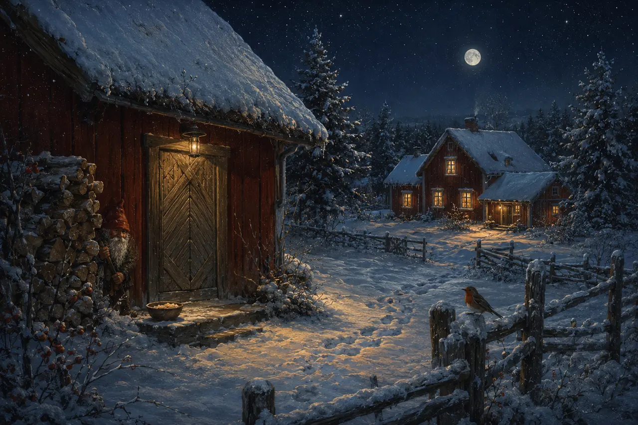 Tomten vid en stuga i en illustrerad vintervärld.